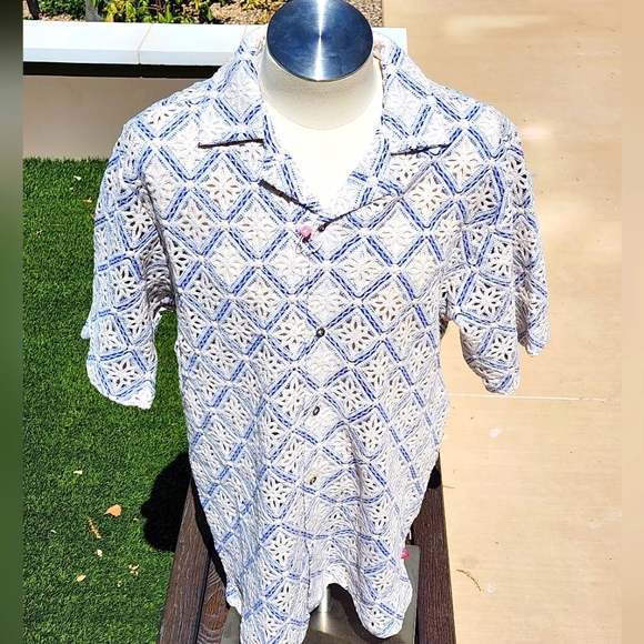 Stacy Adams Men"s Blue Geometric Floral Lattice Crochet Woven Shirt Size XL - Picture 4 of 11